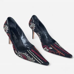 Gunmetal Women’s Sussex Pumps Pointed Toe Black Embroidered Floral Made in Italy